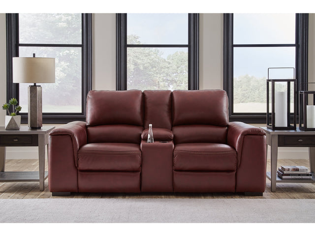 Alessandro Garnet Leather-match Power Reclining Loveseat w/ Console - Ornate Home