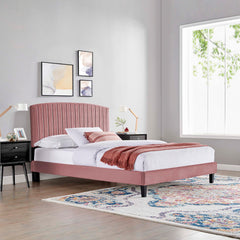 Alessi Dusty Rose Tapered Wood Leg Performance Velvet Queen Platform Bed - Ornate Home