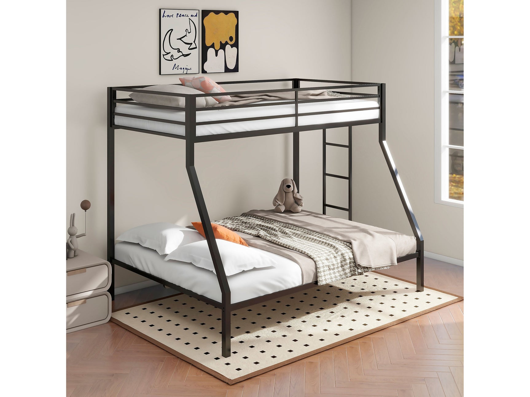 Alevera Black Metal Twin Over Full Bunk Bed with Ladder - Ornate Home