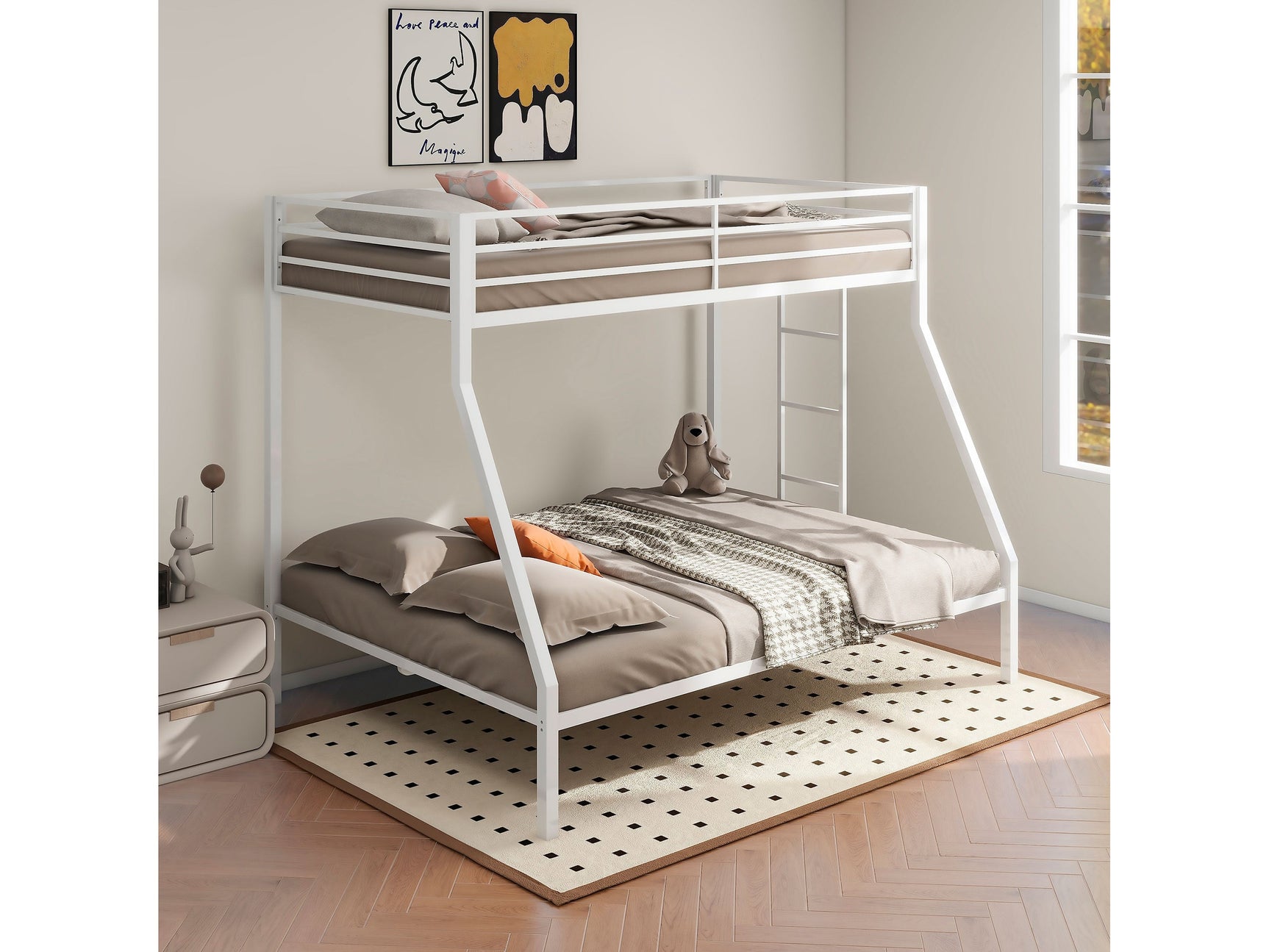 Alevera White Metal Twin Over Full Bunk Bed with Ladder - Ornate Home