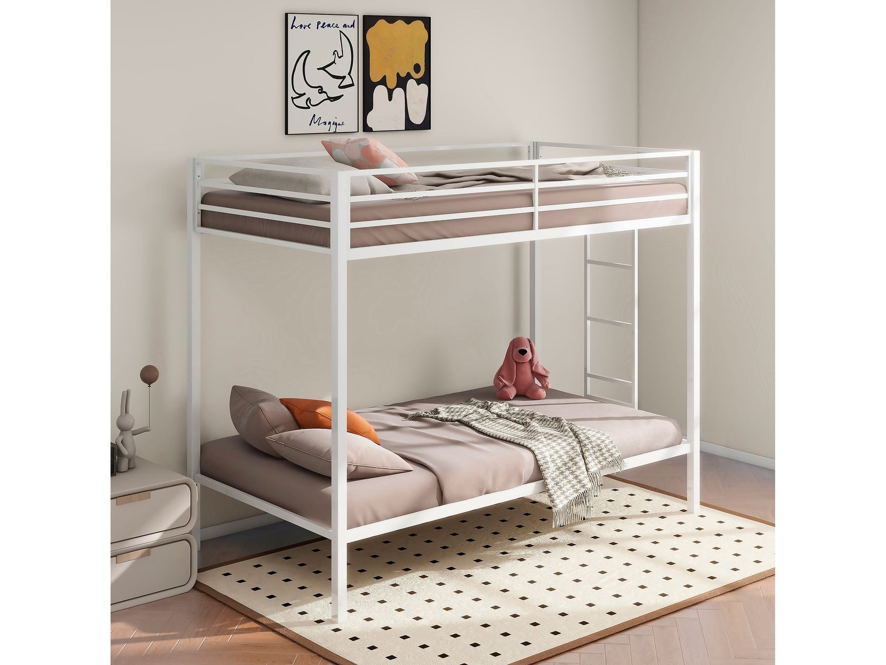Alevera White Metal Twin Over Twin Bunk Bed with Ladder - Ornate Home