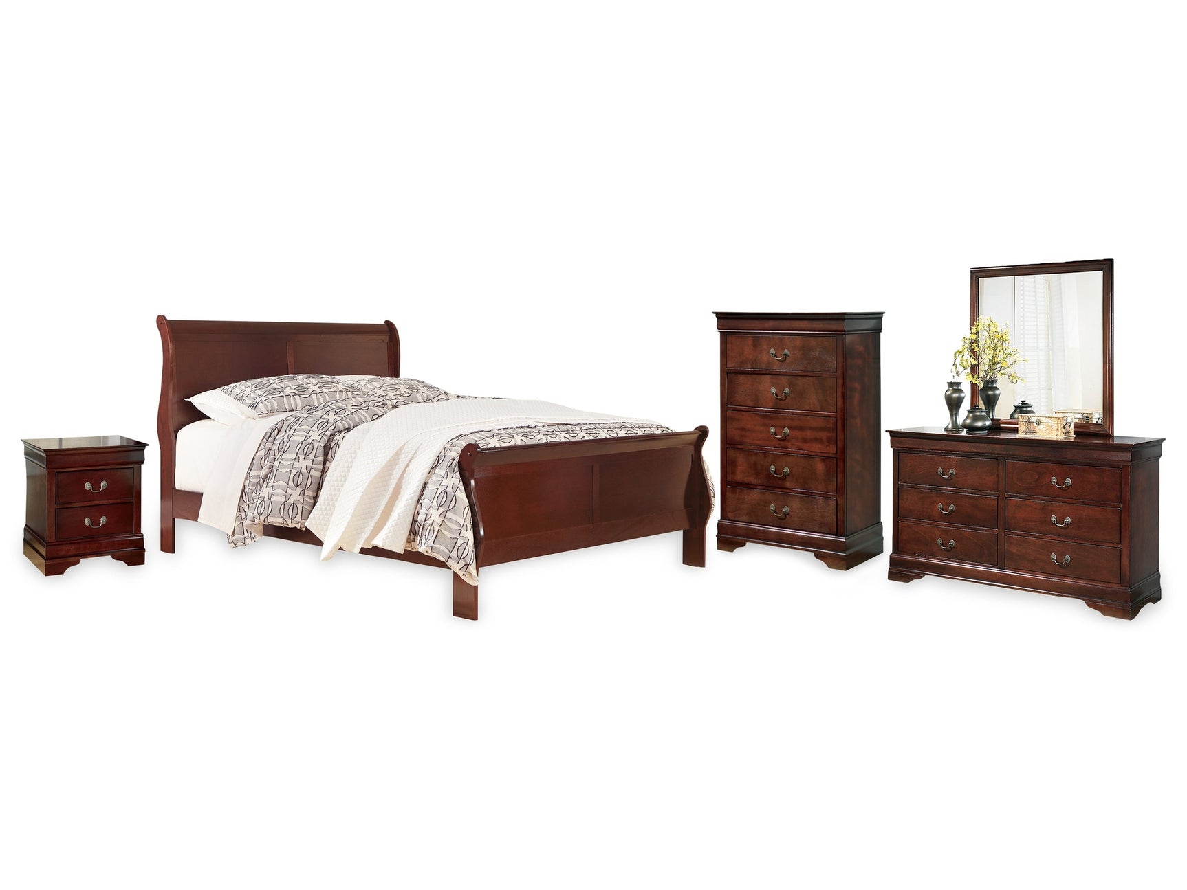 Alisdair Reddish Brown California King Sleigh Bed, Dresser, Mirror, Chest and Nightstand (Online Special Price) - Ornate Home