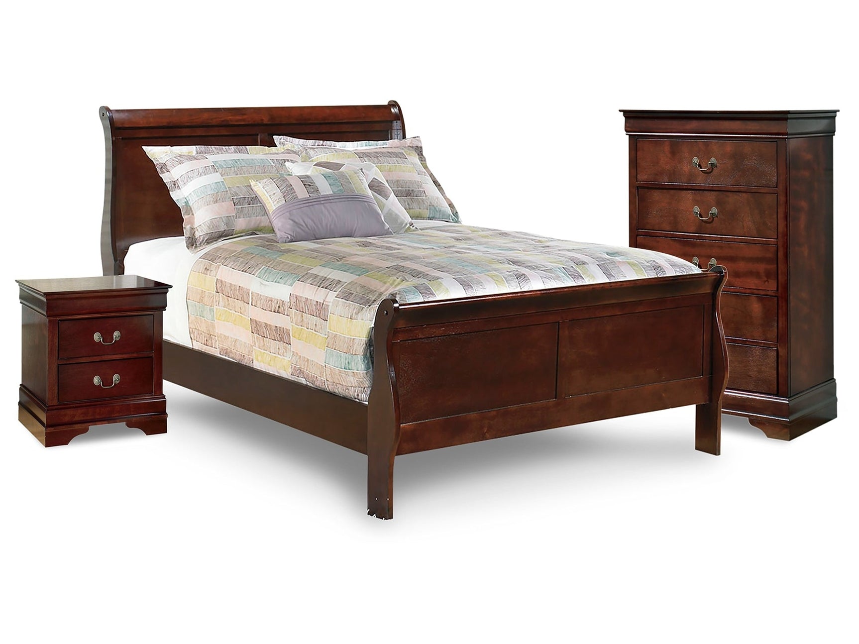 Alisdair Reddish Brown Full Sleigh Bed, Chest and Nightstand - Ornate Home