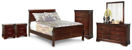 Alisdair Reddish Brown Full Sleigh Bed, Dresser, Mirror, Chest and 2 Nightstands - Ornate Home