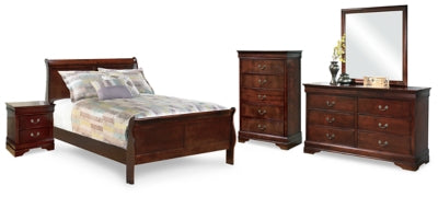 Alisdair Reddish Brown Full Sleigh Bedroom Set with Dresser, Mirror, Chest and Nightstand - Ornate Home