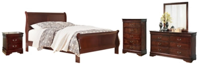 Alisdair Reddish Brown King Sleigh Bedroom Set with Chest, Dresser, Mirror and Nightstand - Ornate Home