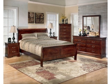 Alisdair Reddish Brown King Sleigh Bedroom Set with Dresser, Mirror, Chest and 2 Nightstands (Online Special Price) - Ornate Home