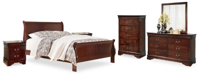 Alisdair Reddish Brown King Sleigh Bedroom Set with Dresser, Mirror, Chest and 2 Nightstands - Ornate Home