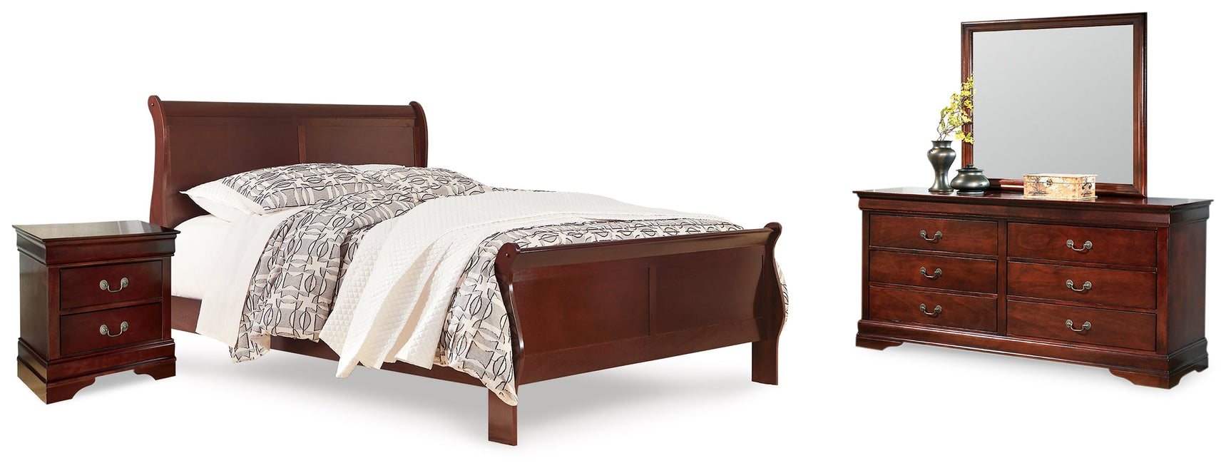 Alisdair Reddish Brown King Sleigh Bedroom Set with Dresser, Mirror and Nightstand (Online Special Price) - Ornate Home