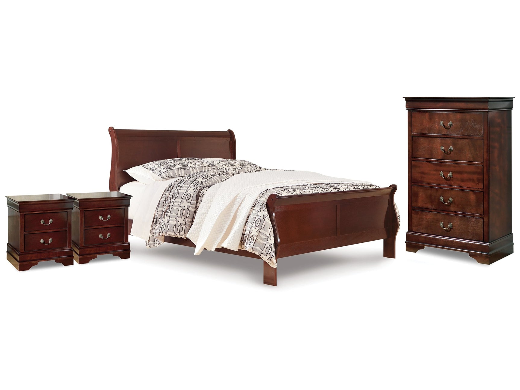 Alisdair Reddish Brown Queen Sleigh Bed & Chest & 2 Nightstands - Ornate Home