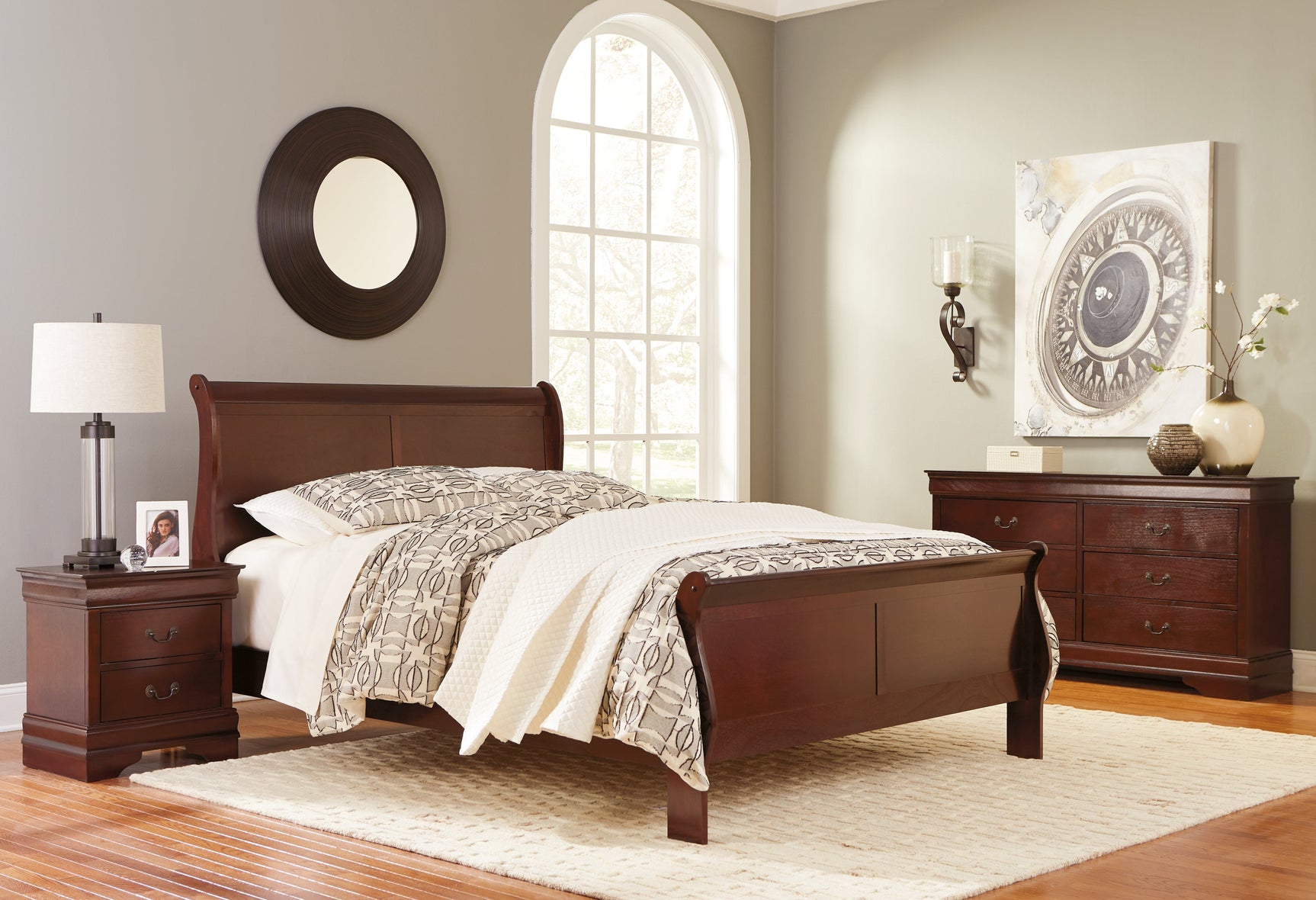 Alisdair Reddish Brown Queen Sleigh Bedroom Set with Dresser, Mirror, and Chest (Online Special Price) - Ornate Home
