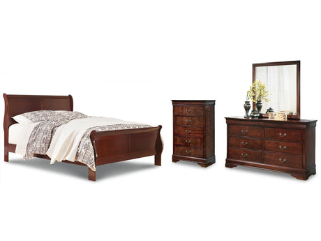 Alisdair Reddish Brown Queen Sleigh Bedroom Set with Dresser, Mirror, and Chest - Ornate Home