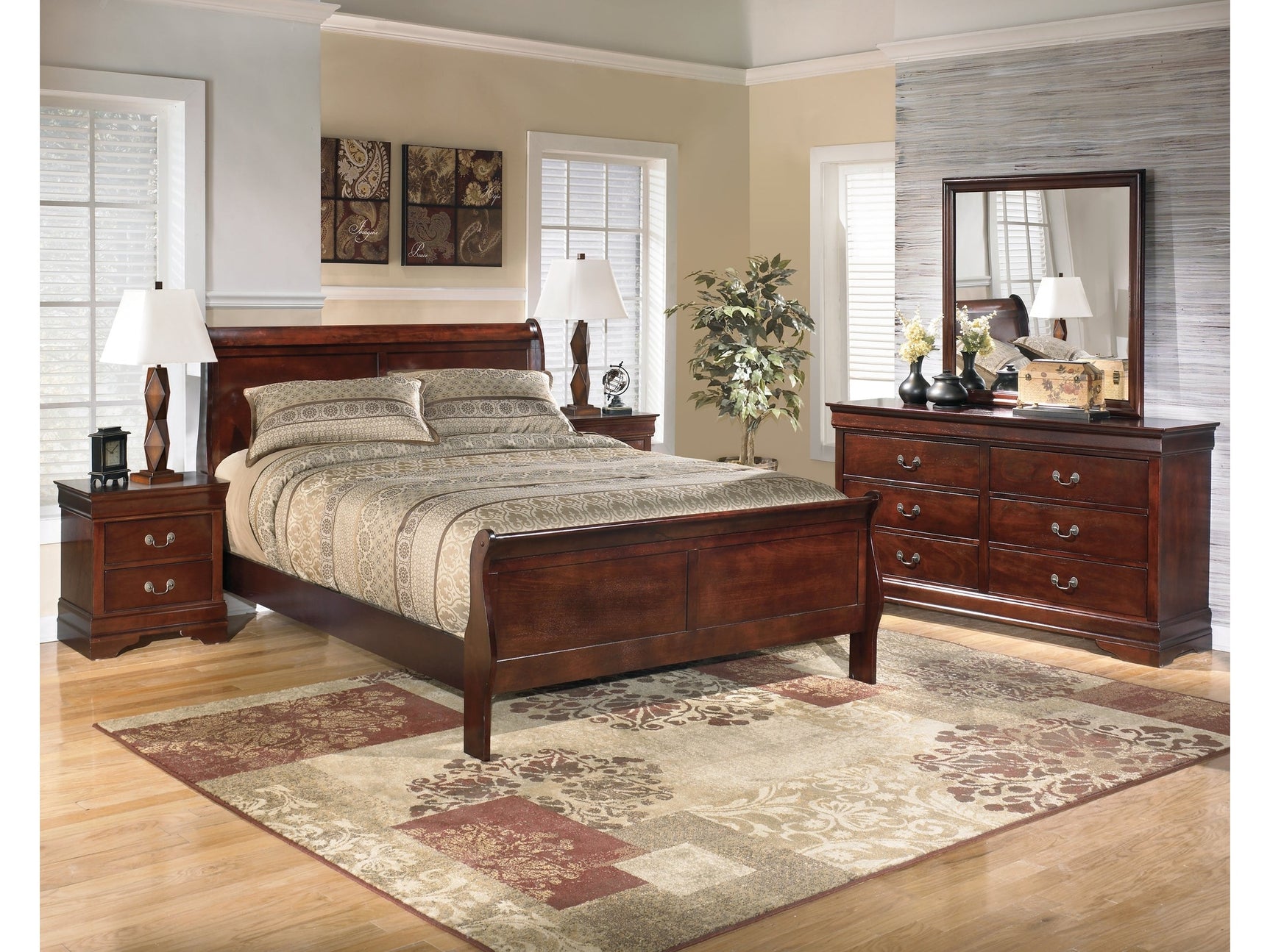 Alisdair Reddish Brown Queen Sleigh Bedroom Set with Dresser, Mirror, and Nightstand - Ornate Home