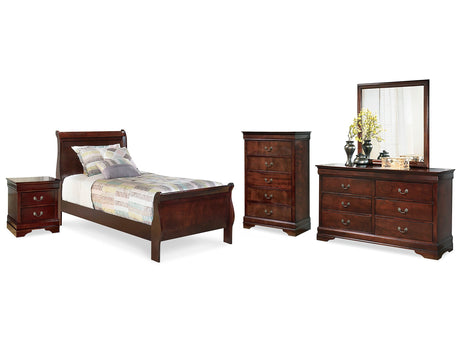 Alisdair Reddish Brown Twin Sleigh Bed & Dresser & Mirror & Chest & Nightstand - Ornate Home