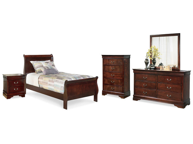 Alisdair Reddish Brown Twin Sleigh Bed & Dresser & Mirror & Chest & Nightstand - Ornate Home