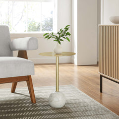 Aliza White/Brass Round White Marble Side Table - Ornate Home