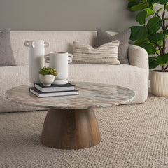 Allyson Brown/Pink Round Pedestal with Savar Marble Top Coffee Table