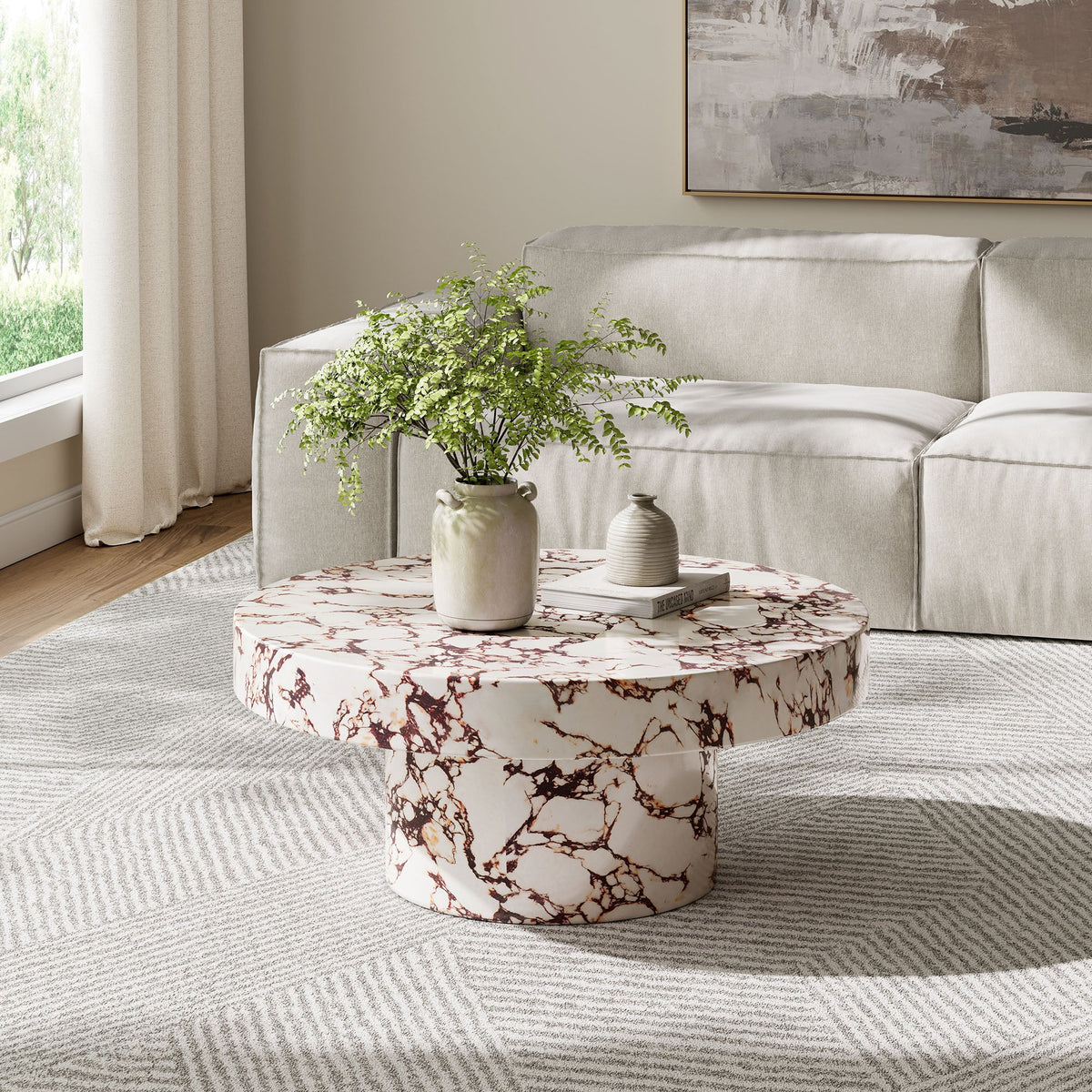 Alora Red Marble Indoor - Outdoor Patio Concrete Round Coffee Table - Ornate Home