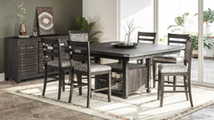 Altamonte Brushed Grey High/Low Sq. Counter Dining Table w/ 2 Uph Stools, 4 Ladderback Stools - Ornate Home