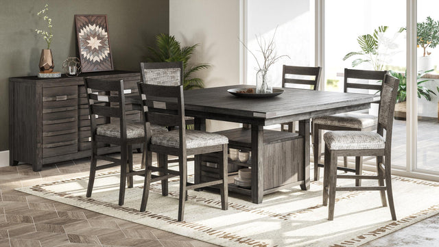Altamonte Brushed Grey High/Low Sq. Counter Dining Table w/ 2 Uph Stools, 4 Ladderback Stools - Ornate Home