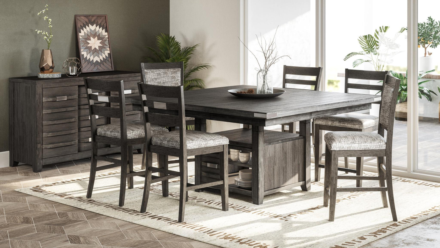 Altamonte Brushed Grey High/Low Sq. Counter Dining Table w/ 4 Ladderback Stools - Ornate Home