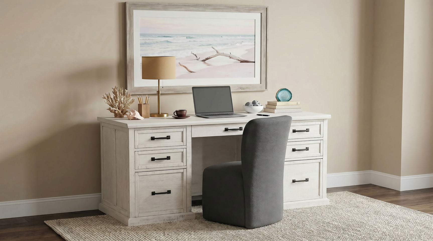 Altidore Distressed White 68-inch 7-drawer Executive Home Office Desk - Ornate Home