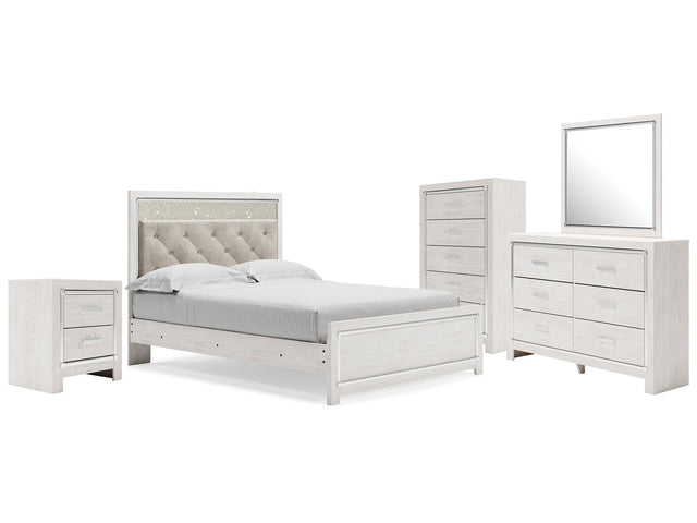 Altyra Queen Upholstered Panel Bed, Dresser, Mirror, Chest and Nightstand - Ornate Home