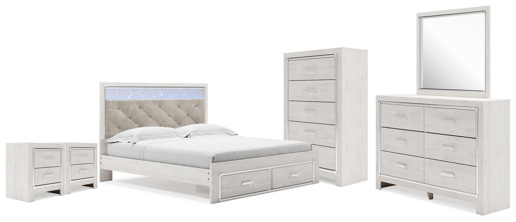 Altyra White King Platform Storage Bed, Dresser, Mirror, Chest and 2 Nightstands (Online Special Price)