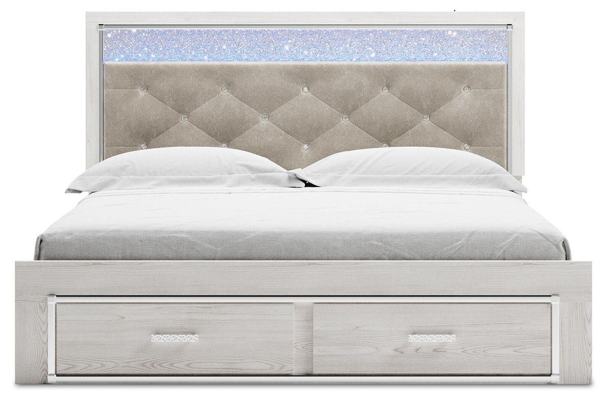 Altyra White King Platform Storage Bed, Dresser, Mirror, Chest and 2 Nightstands - Ornate Home