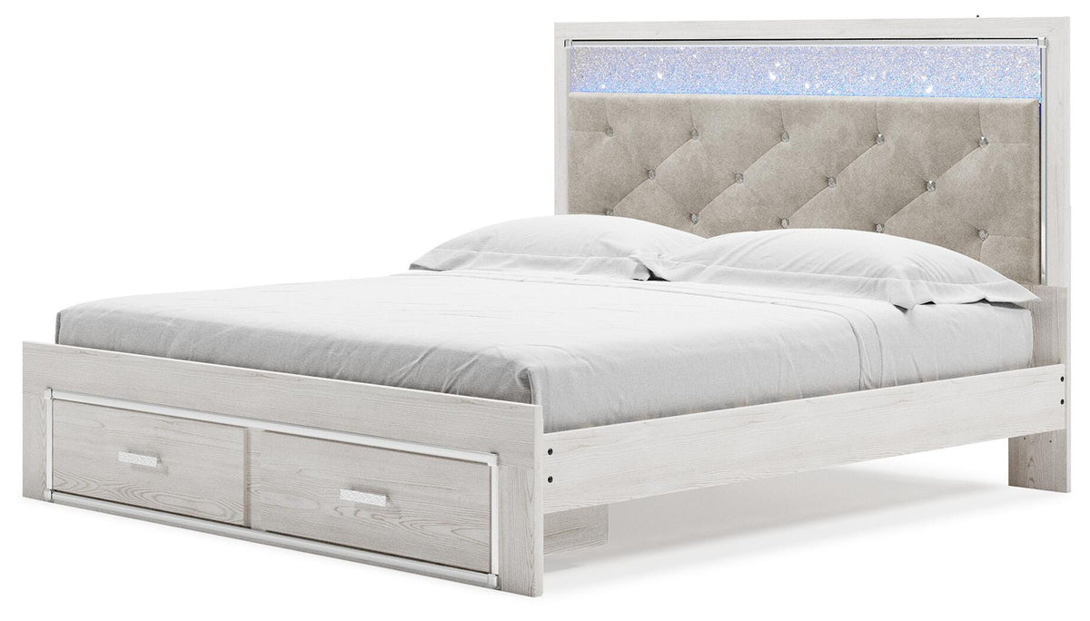 Altyra White King Platform Storage Bed, Dresser, Mirror, Chest and 2 Nightstands - Ornate Home