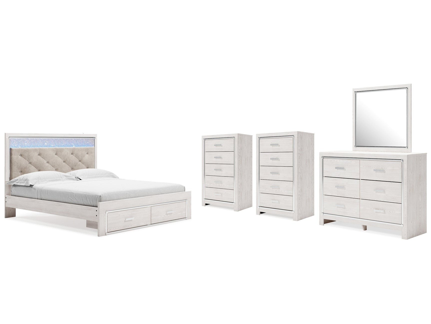 Altyra White King Storage Bedroom Set with Dresser, Mirror and 2 Chests - Ornate Home