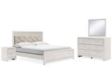 Altyra White King Upholstered Panel Bedroom Set with Dresser, Mirror, and Nightstand (Online Special Price) - Ornate Home