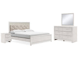Altyra White King Upholstered Panel Bedroom Set with Dresser, Mirror, and Nightstand - Ornate Home
