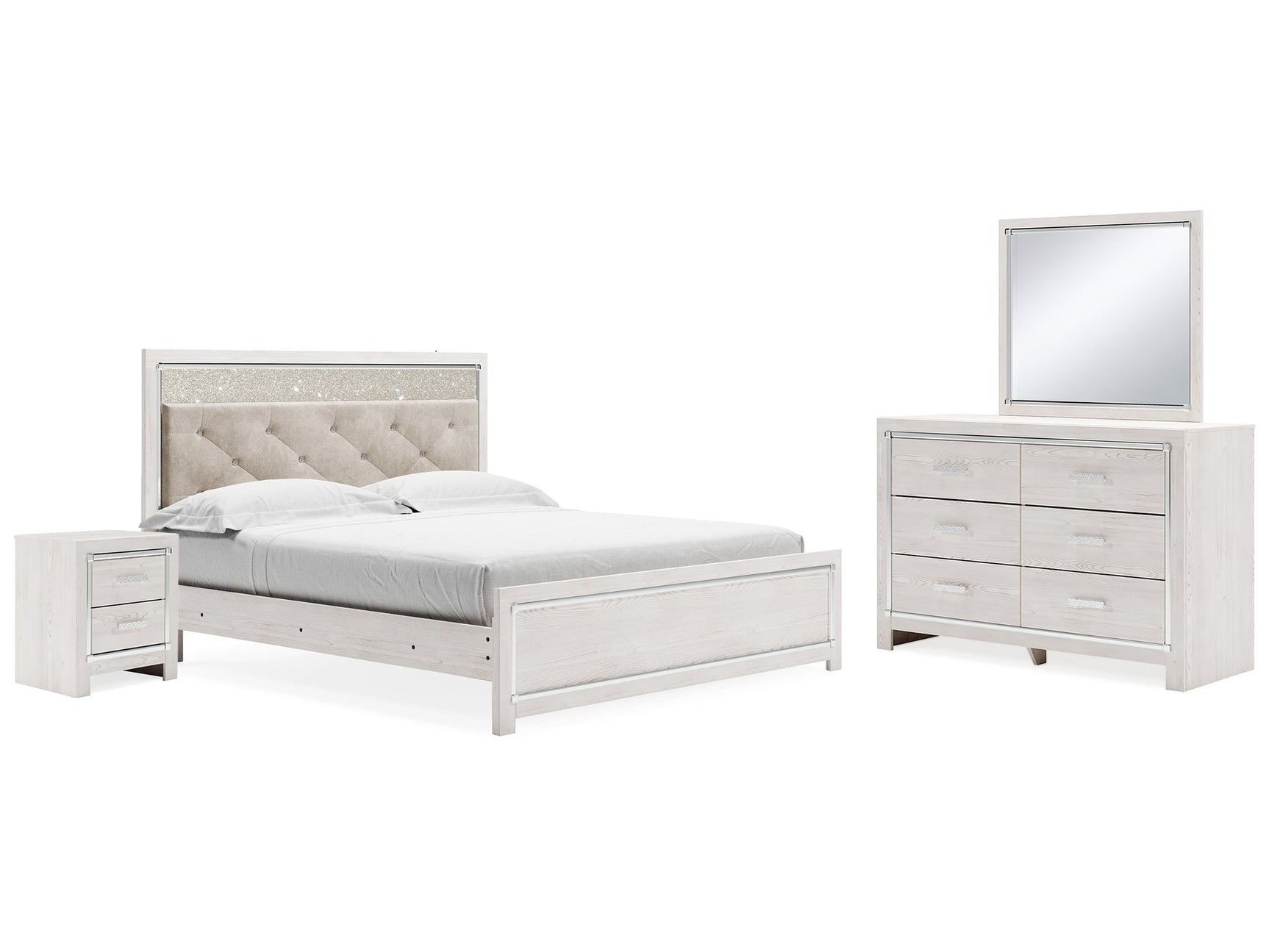Altyra White King Upholstered Panel Bedroom Set with Dresser, Mirror, and Nightstand - Ornate Home