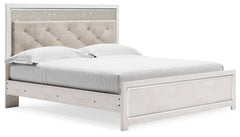 Altyra White King Upholstered Panel Bedroom Set with Dresser, Mirror, and Nightstand - Ornate Home
