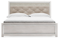 Altyra White King Upholstered Panel Bedroom Set with Dresser, Mirror, and Nightstand - Ornate Home