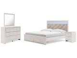 Altyra White King Upholstered Panel Storage Bedroom Set with Dresser, Mirror and Nightstand (Online Special Price) - Ornate Home