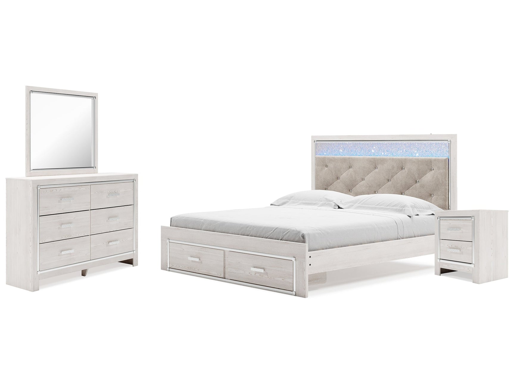 Altyra White King Upholstered Panel Storage Bedroom Set with Dresser, Mirror and Nightstand (Online Special Price) - Ornate Home