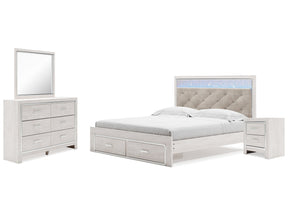Altyra White King Upholstered Panel Storage Bedroom Set with Dresser, Mirror and Nightstand (Online Special Price) - Ornate Home