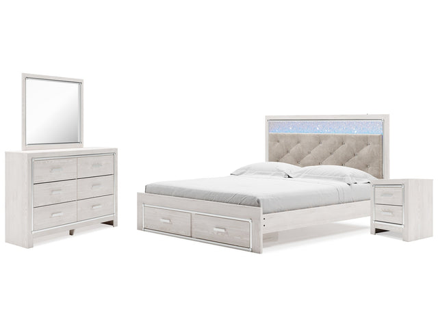 Altyra White King Upholstered Panel Storage Bedroom Set with Dresser, Mirror and Nightstand (Online Special Price) - Ornate Home