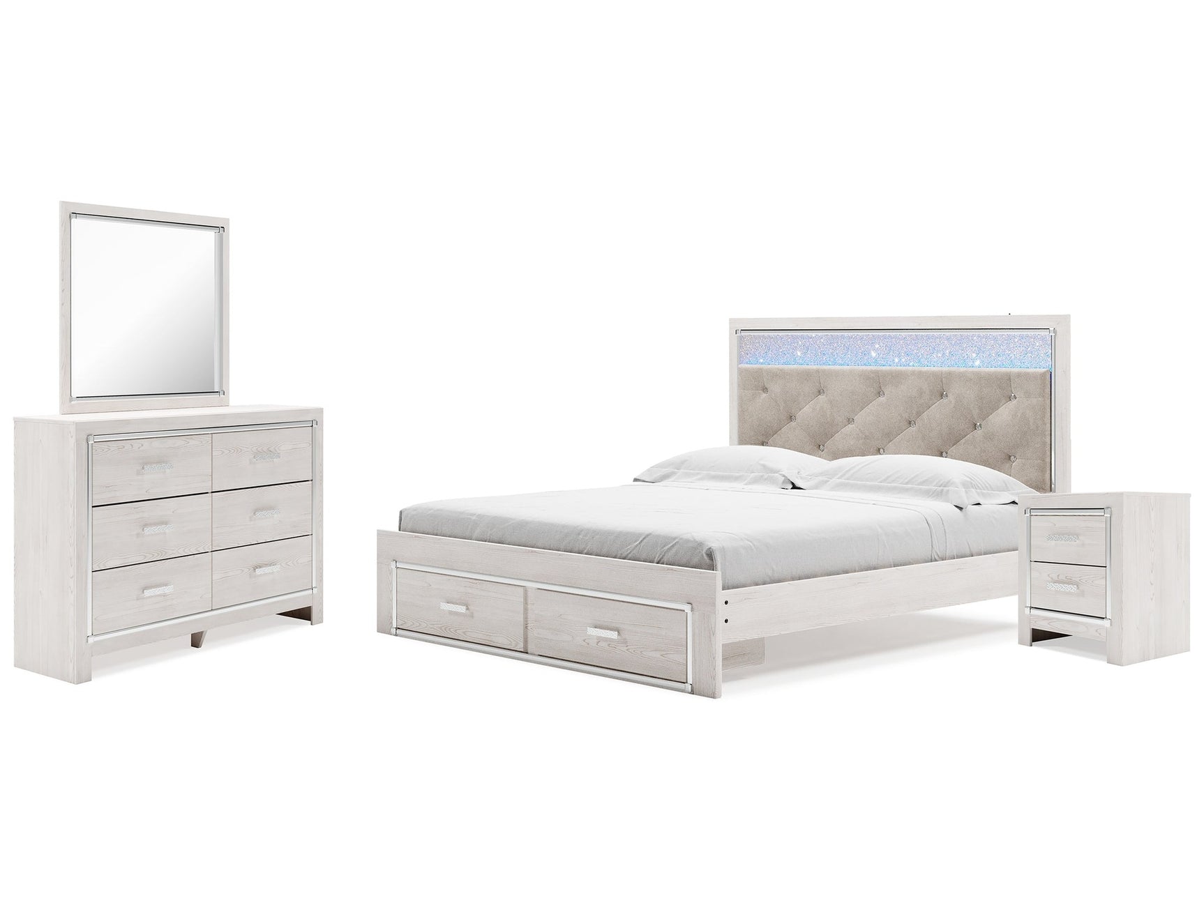Altyra White King Upholstered Panel Storage Bedroom Set with Dresser, Mirror and Nightstand - Ornate Home