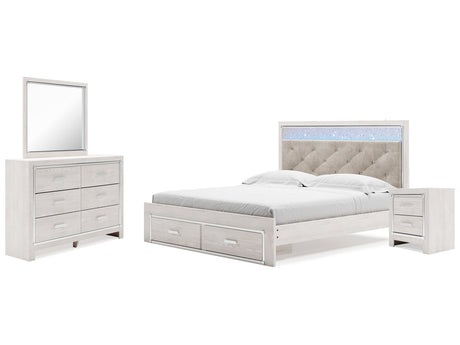 Altyra White King Upholstered Panel Storage Bedroom Set with Dresser, Mirror and Nightstand - Ornate Home
