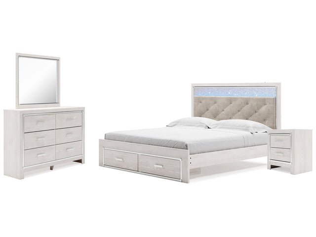 Altyra White King Upholstered Panel Storage Bedroom Set with Dresser, Mirror and Nightstand - Ornate Home