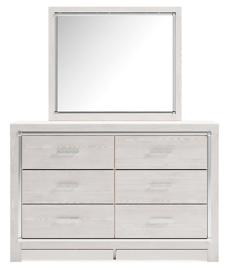 Altyra White King Upholstered Panel Storage Bedroom Set with Dresser, Mirror and Nightstand - Ornate Home