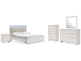 Altyra White King Upholstered Storage Bedroom Set with Dresser, Mirror, Chest, and Nightstand - Ornate Home