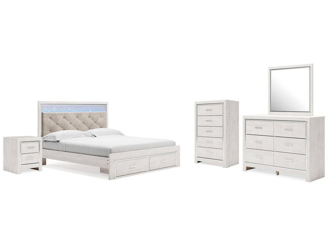 Altyra White King Upholstered Storage Bedroom Set with Dresser, Mirror, Chest, and Nightstand - Ornate Home