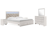Altyra White King Upholstered Storage Bedroom Set with Dresser, Mirror and 2 Nightstands - Ornate Home