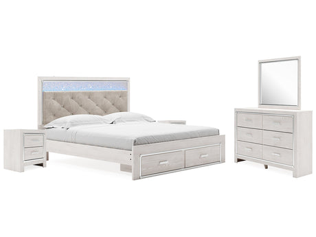 Altyra White King Upholstered Storage Bedroom Set with Dresser, Mirror and 2 Nightstands - Ornate Home