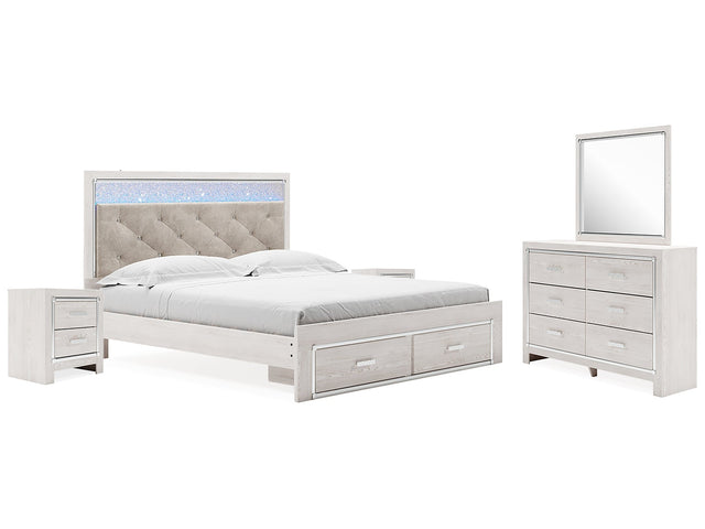 Altyra White King Upholstered Storage Bedroom Set with Dresser, Mirror and 2 Nightstands - Ornate Home