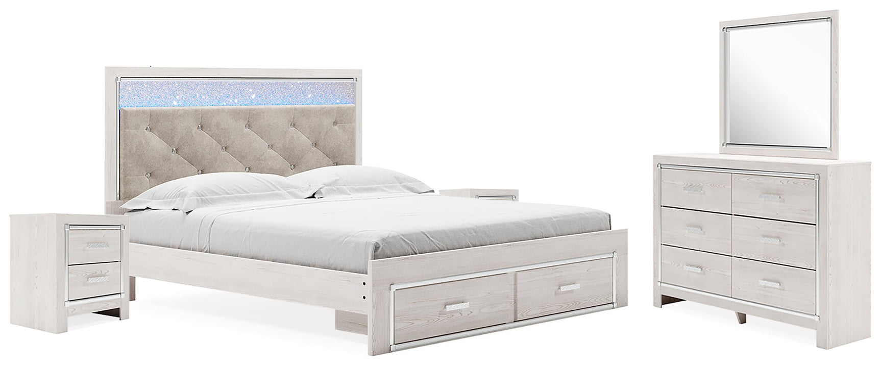 Altyra White King Upholstered Storage Bedroom Set with Dresser, Mirror and 2 Nightstands - Ornate Home